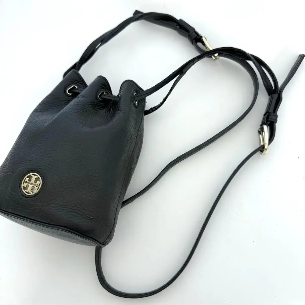 Tory Burch Mini Drawstring Mini Bucket Bag Crossbody Black Leather READ
